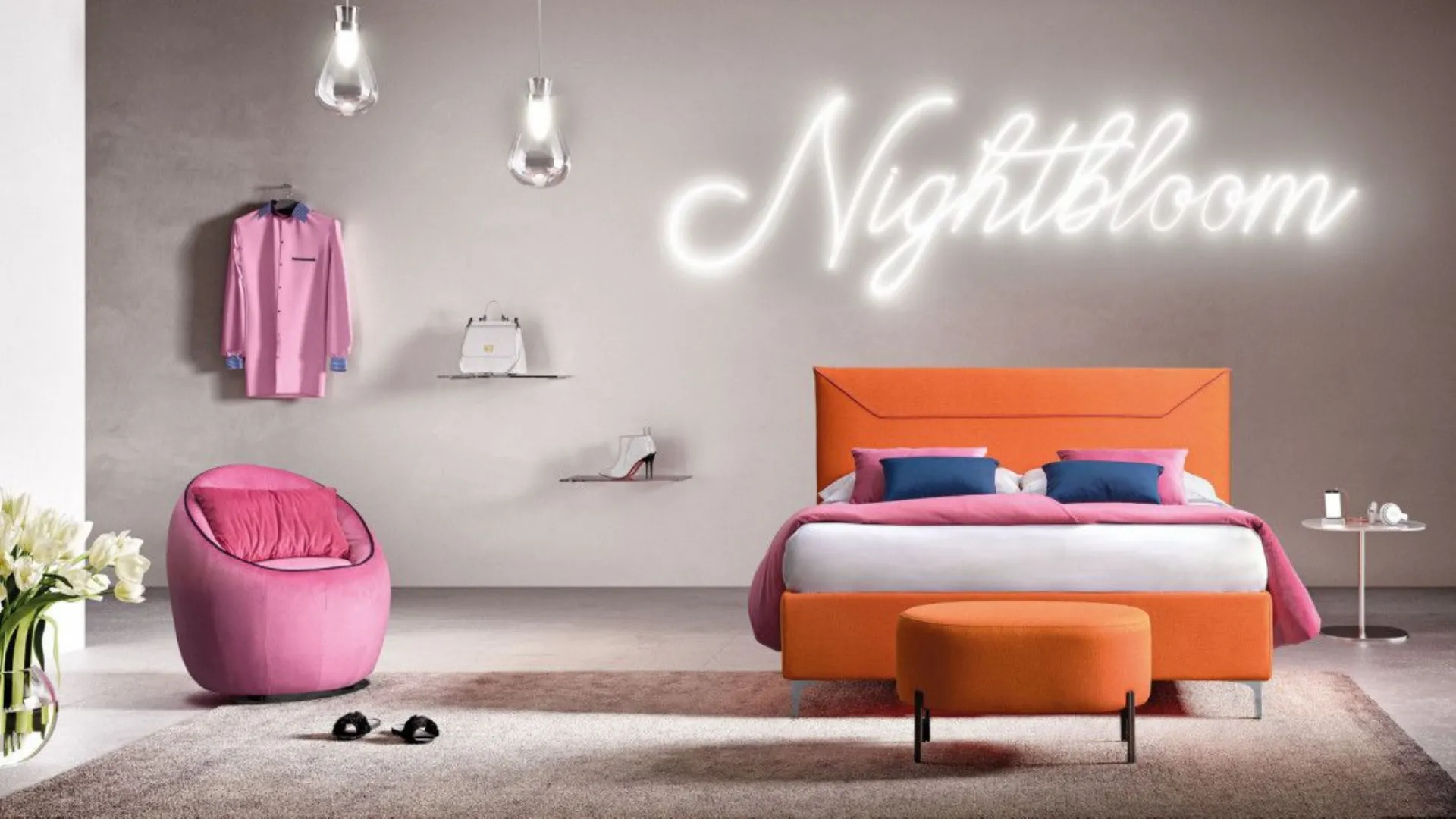 Mirabilis: bed with headboard with a thin profile and contrasting velvet-effect geometric decoration