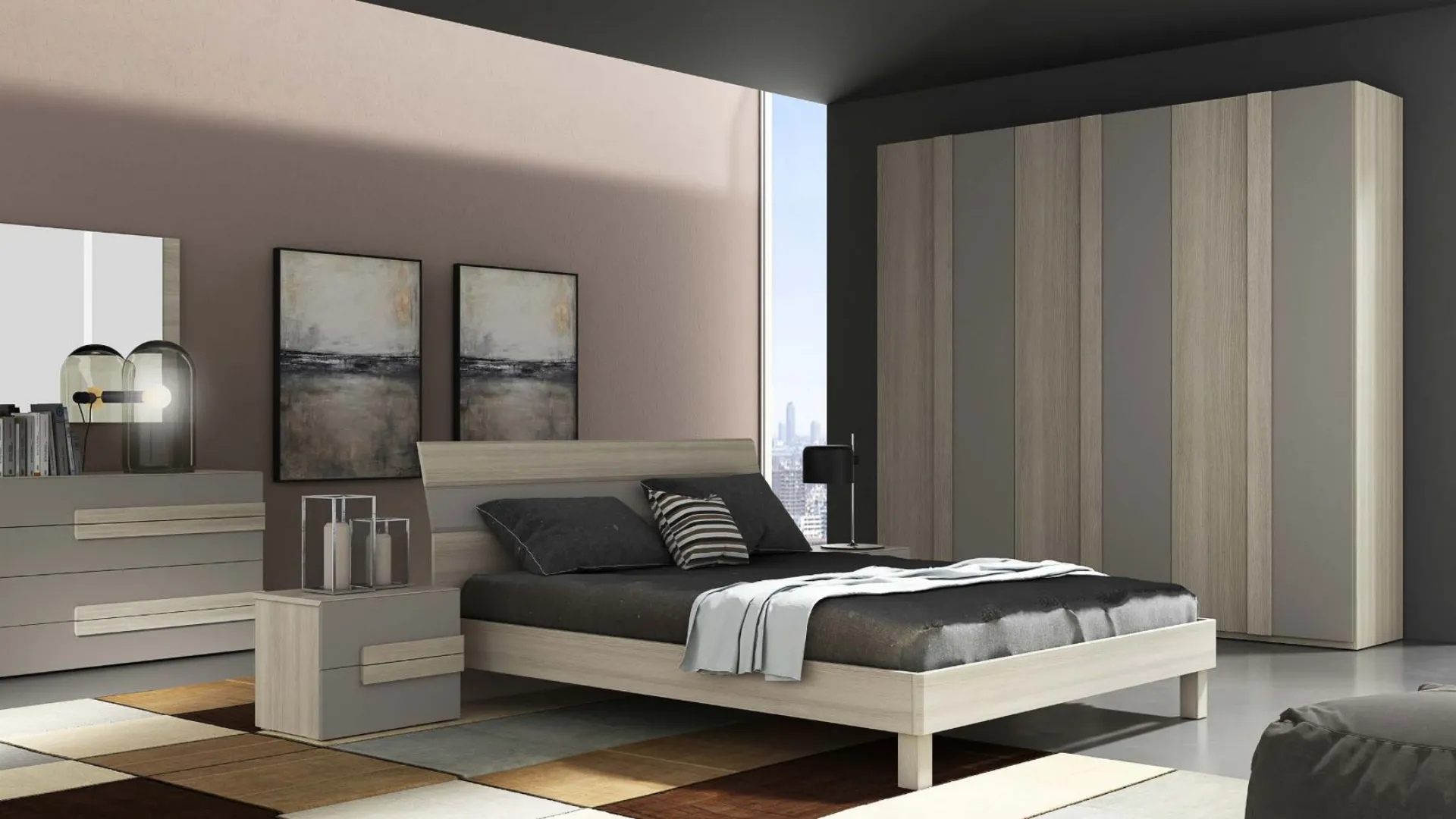 Double bedroom with bed and accessories in Nuvola model, in the Elm/Turtledove finish.