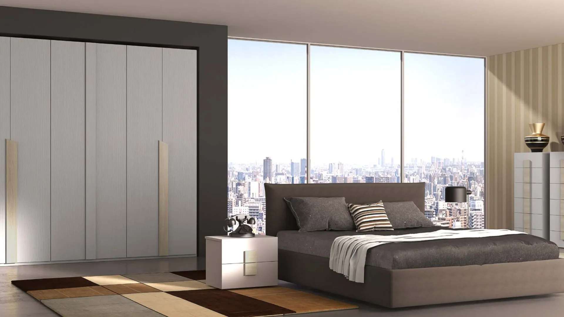 Modern double bedroom with White/Taupe finish.