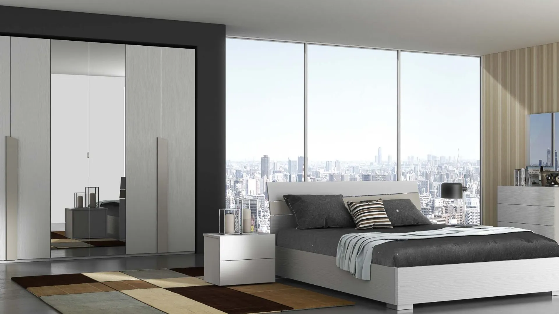 Modern double bedroom, matching elements in White/Taupe finishing.