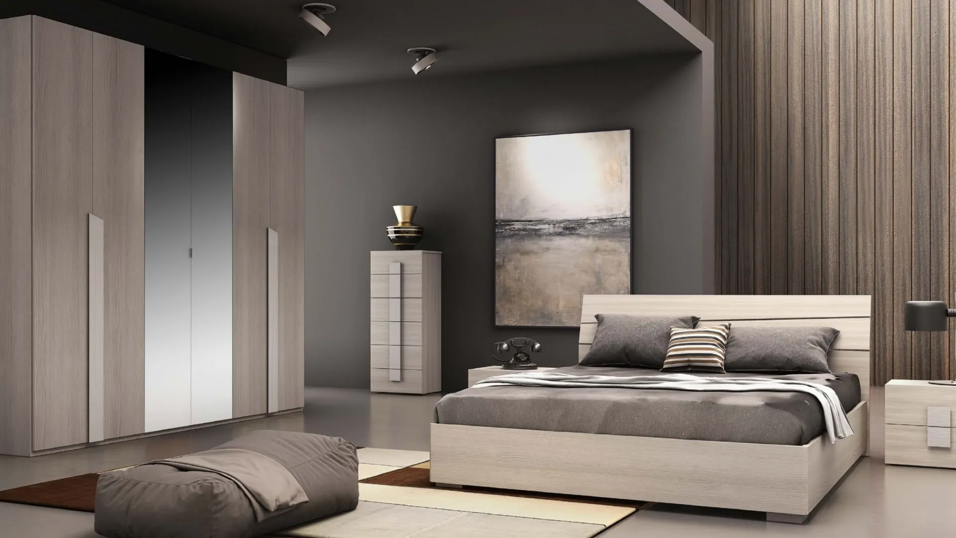 Double bedroom wardrobe with six doors and mirrors, made of high-quality materials.