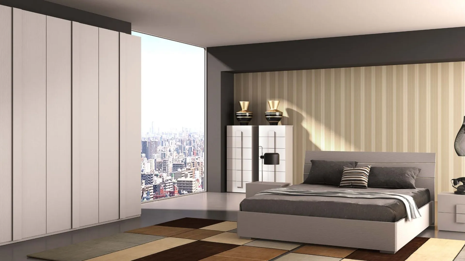 Modern double room with Bologna bed and matching elements in Larice Bianco finish.