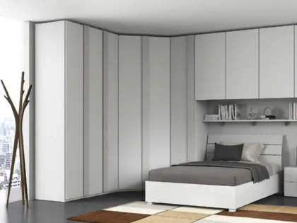 Modern room with a spacious walk-in closet with angular bridge, storage bed.