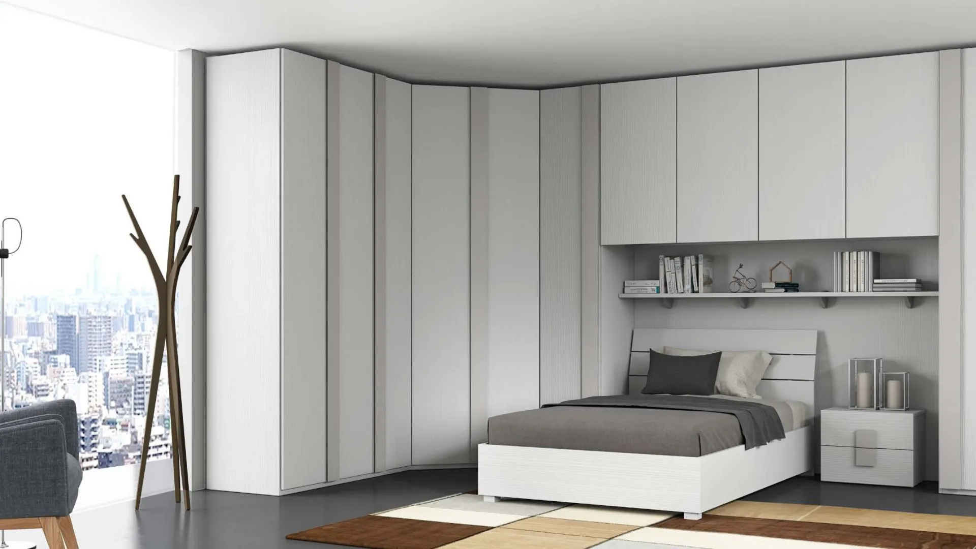 Modern room with a spacious walk-in closet with angular bridge, storage bed.
