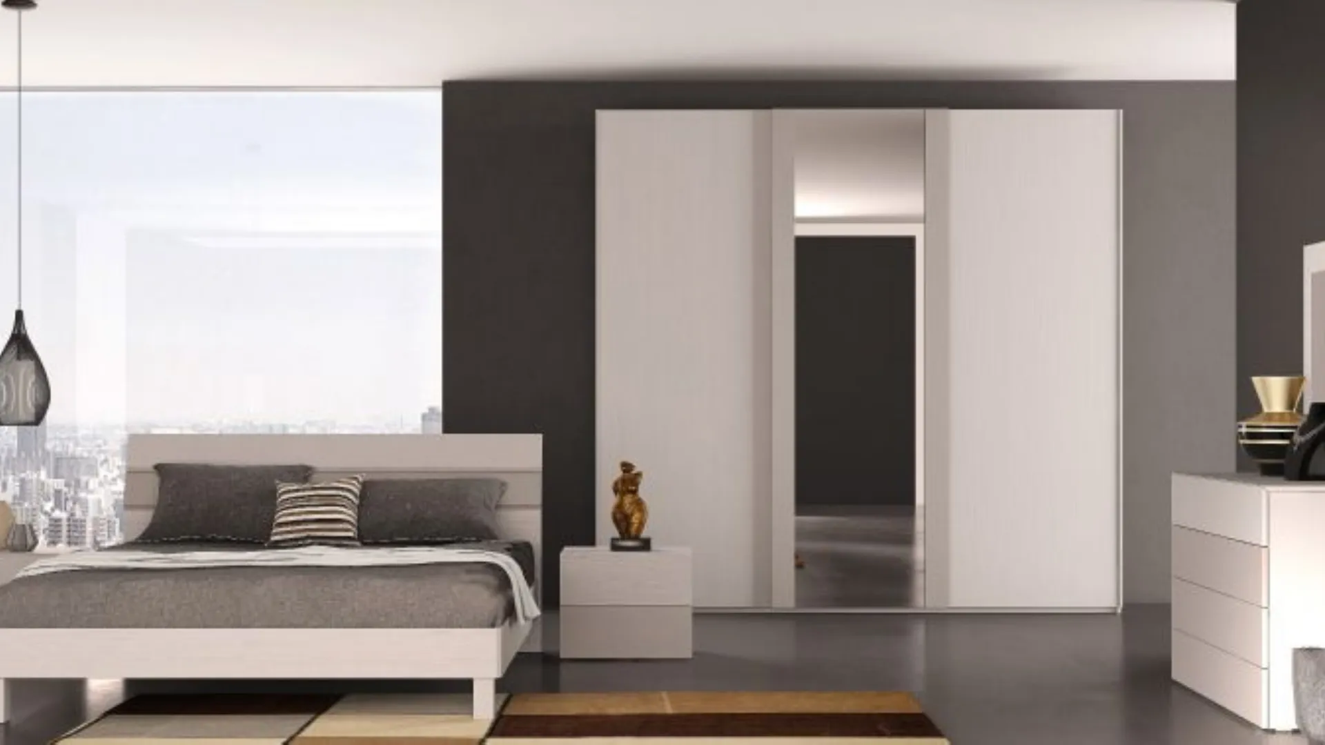 Modern room with a three-door wardrobe and mirrors, comfortable bed model Cloud.