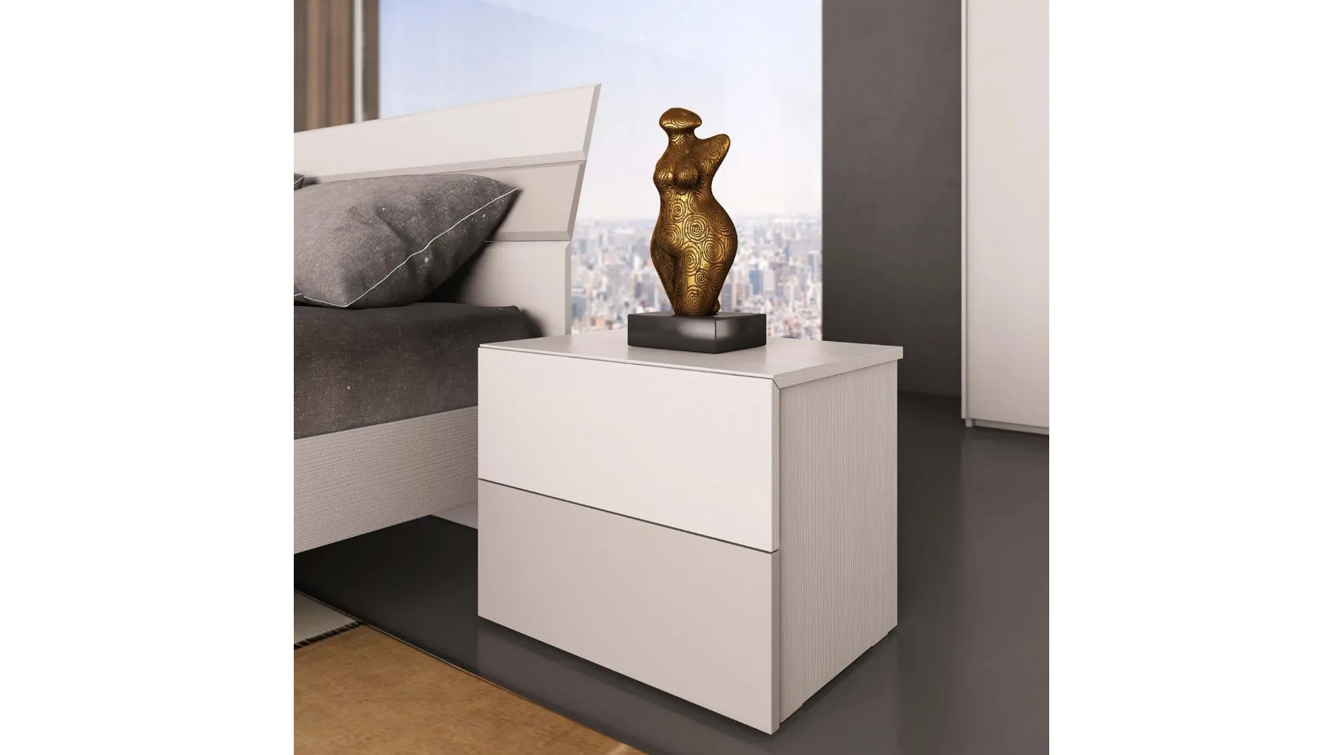 Modern room with a three-door wardrobe and mirrors, comfortable Cloud model bed.