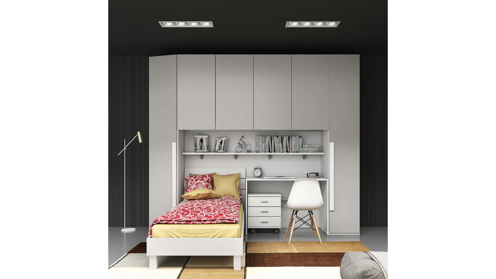 Modern complete room with wall unit, single bed, and desk