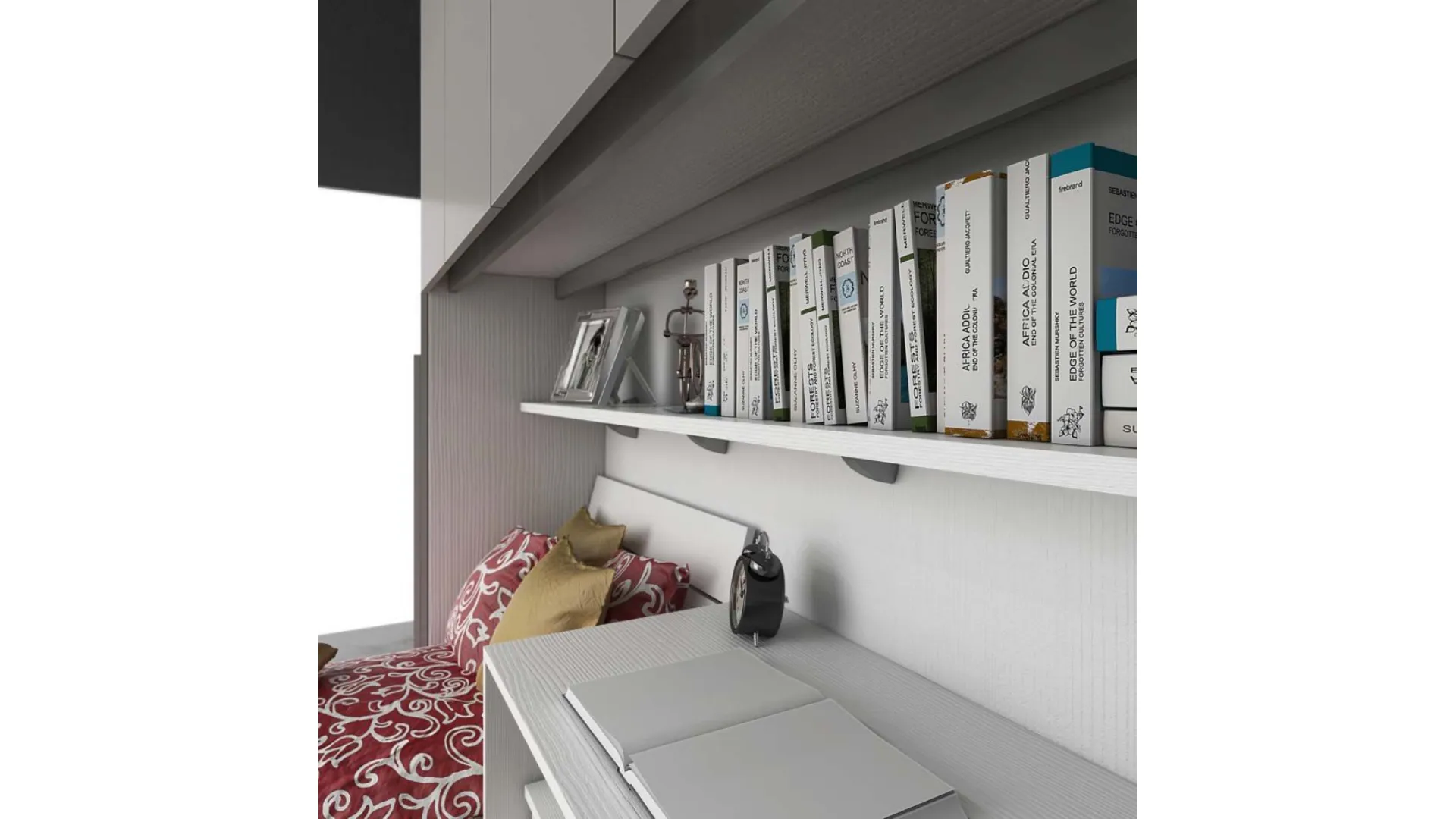 Modern complete room with built-in wardrobe, single bed, and desk.