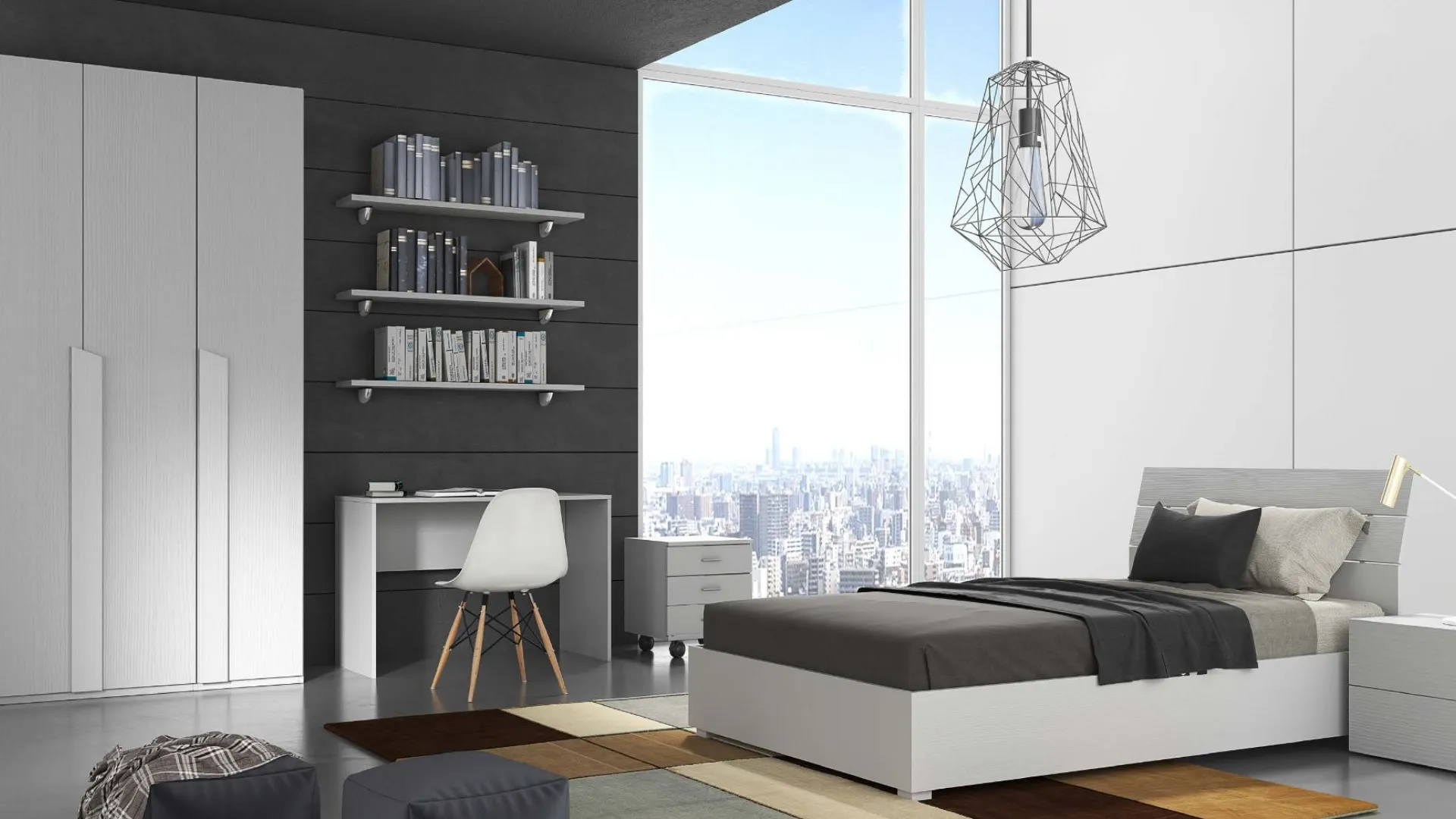 Modern bedroom complete with storage bed in White Larch finish.