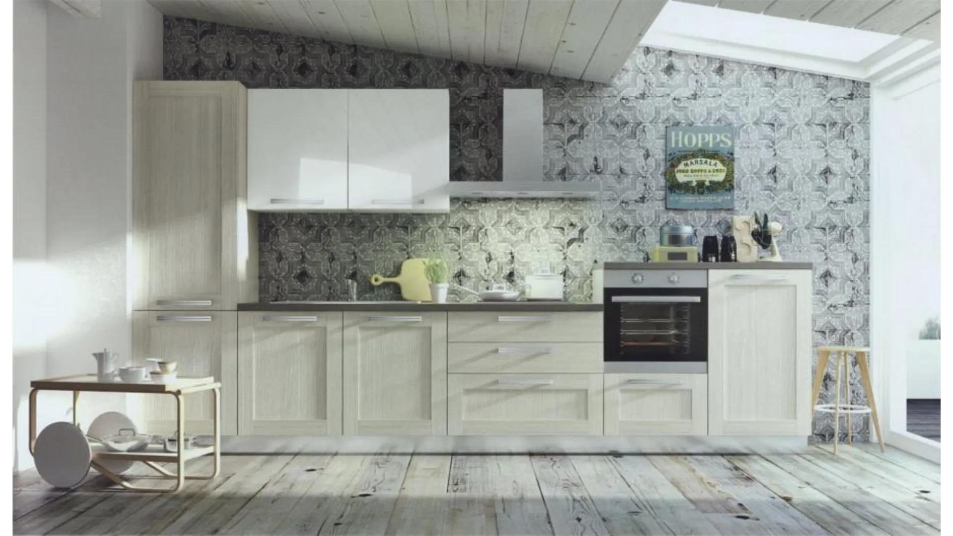 Cloe model modern kitchen with framed door in provencian oak finish.