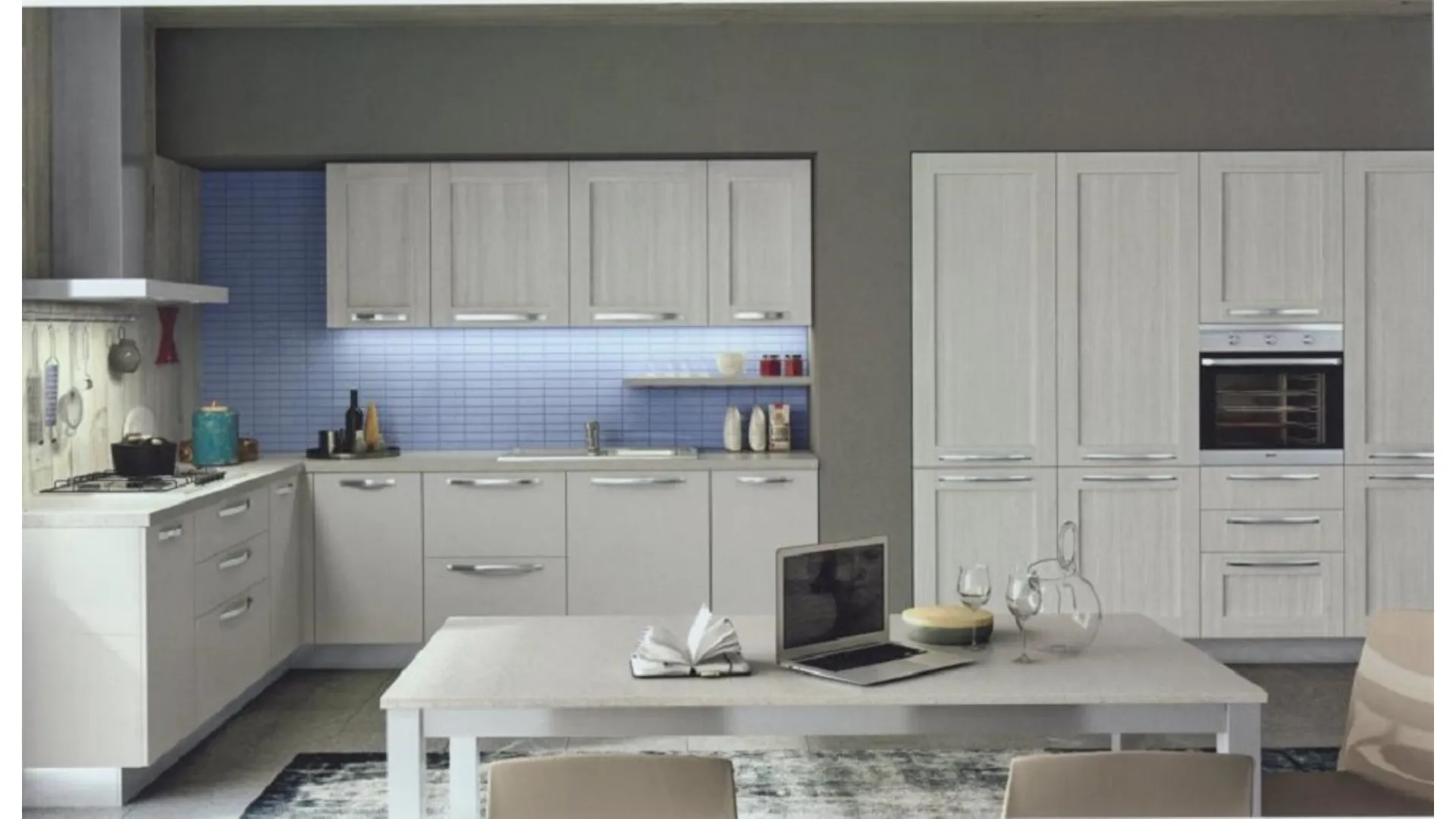 Modern corner kitchen with built-in appliance columns