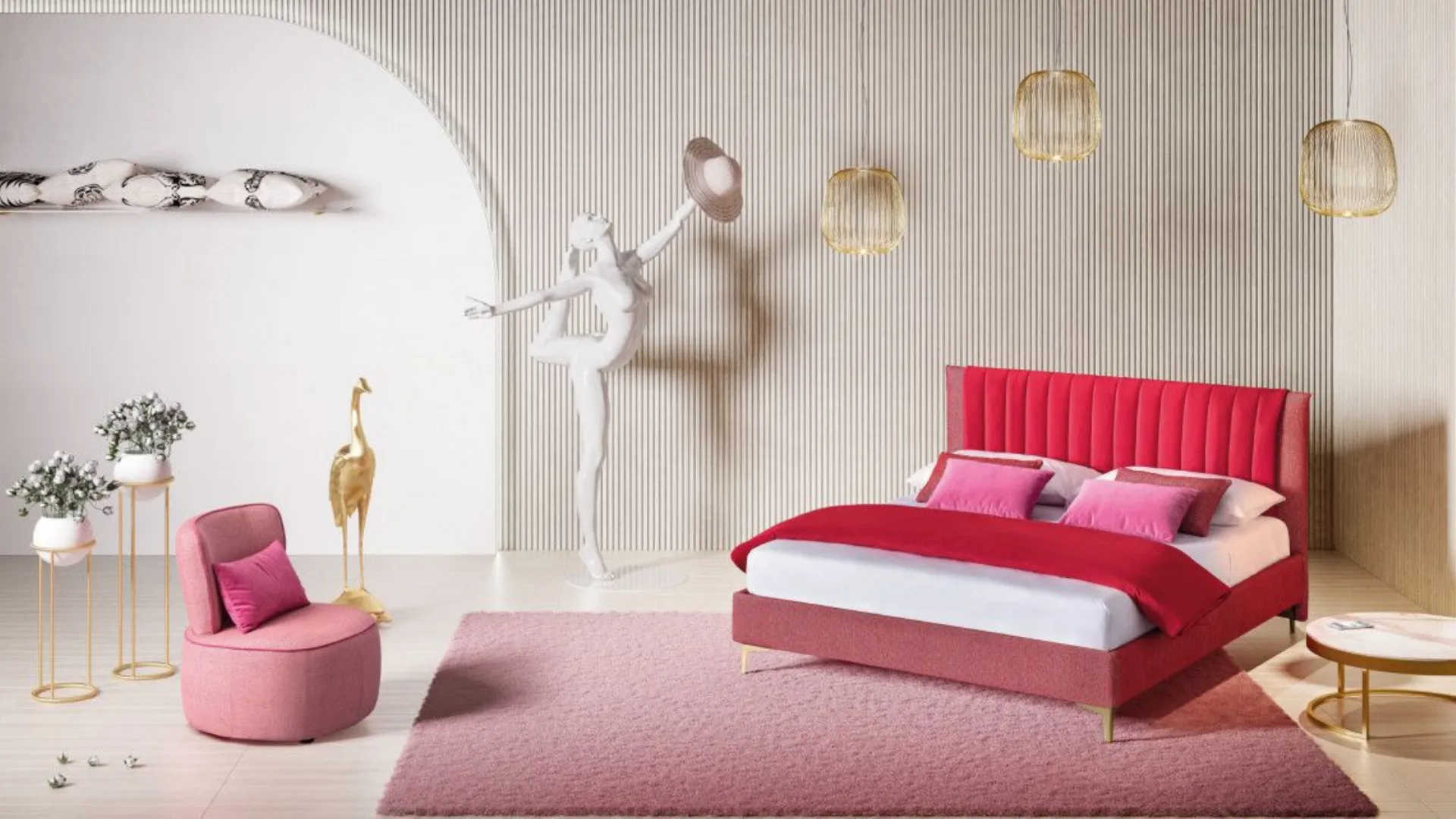 Phlox: bed with a soft fabric band with dynamic vertical stitching