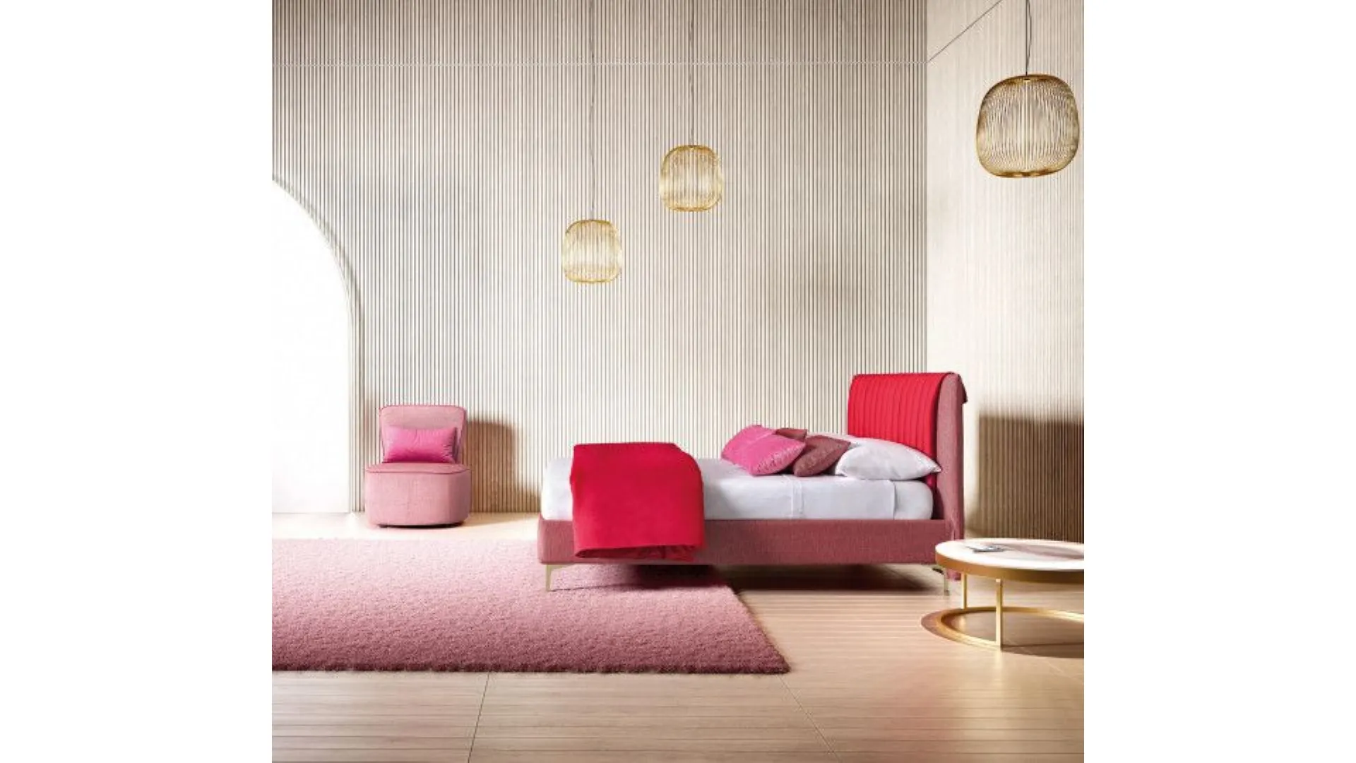 Phlox: bed with a soft fabric band with dynamic vertical stitching