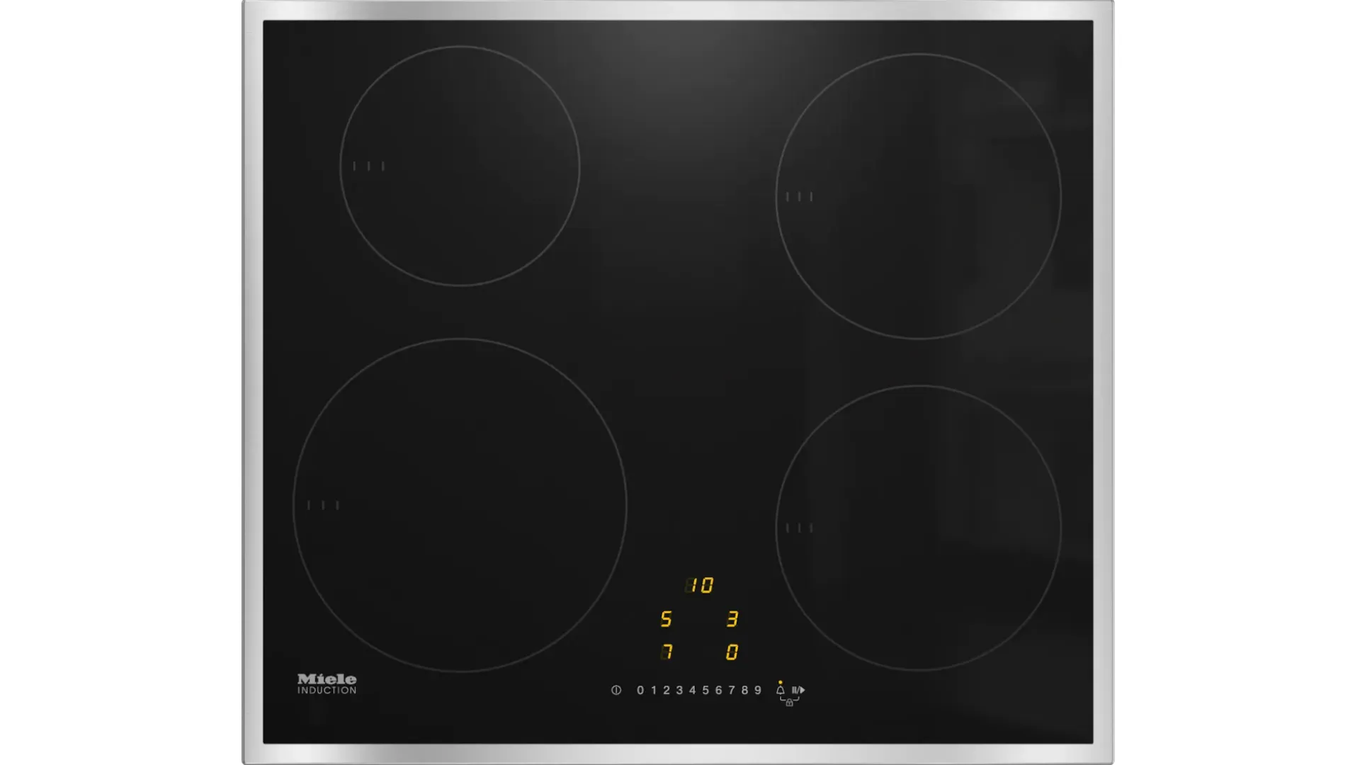 Miele Induction Hob with 4 cooking zones of different sizes.
