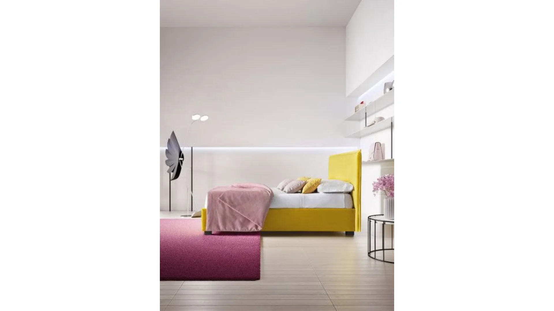 Silene bed with linear headboard softened by light lateral folds