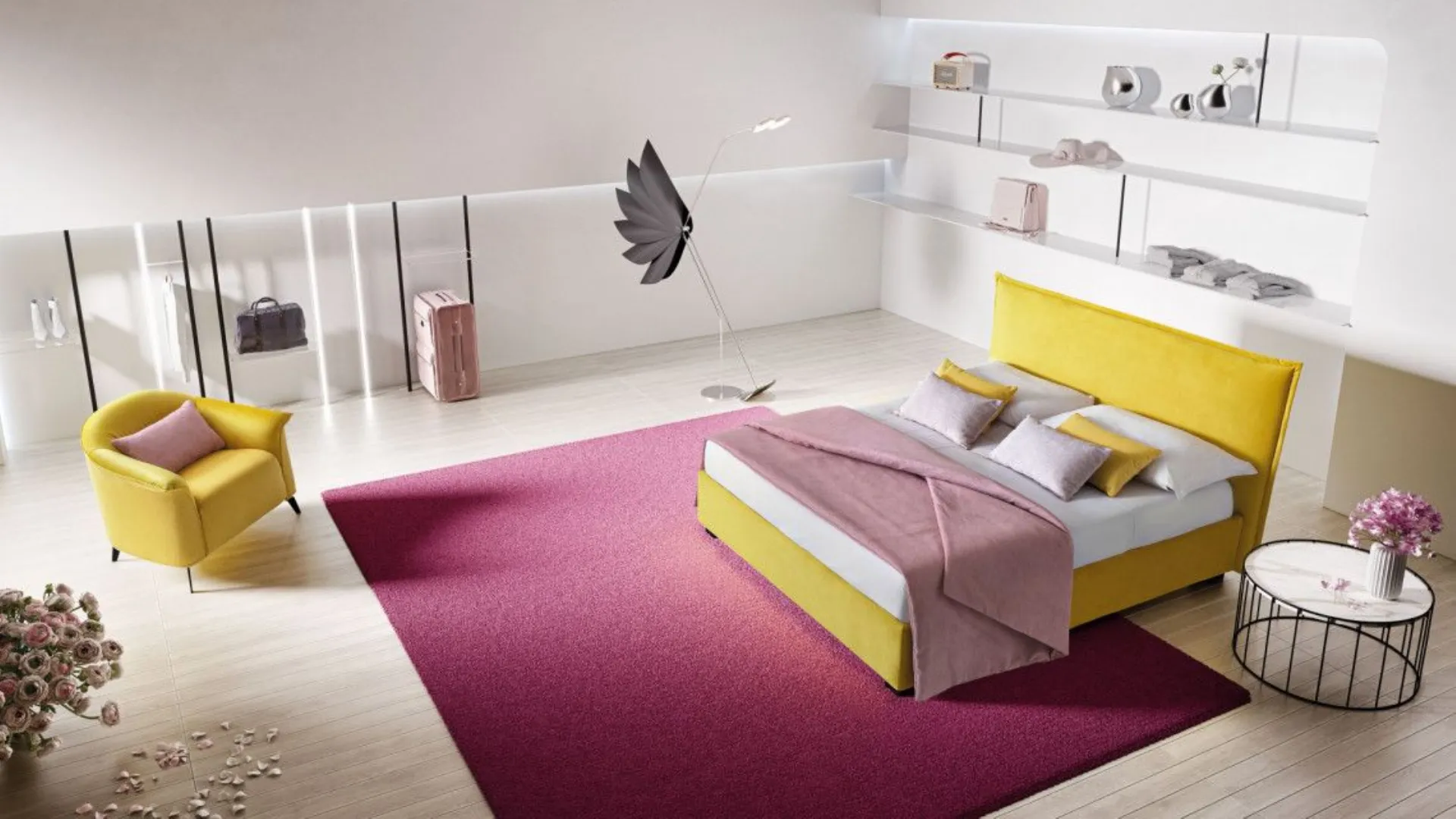 Silene bed with linear headboard softened by light lateral folds