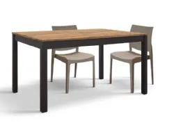 Extensible table with four metal legs, rustic oak top, and lateral extension.