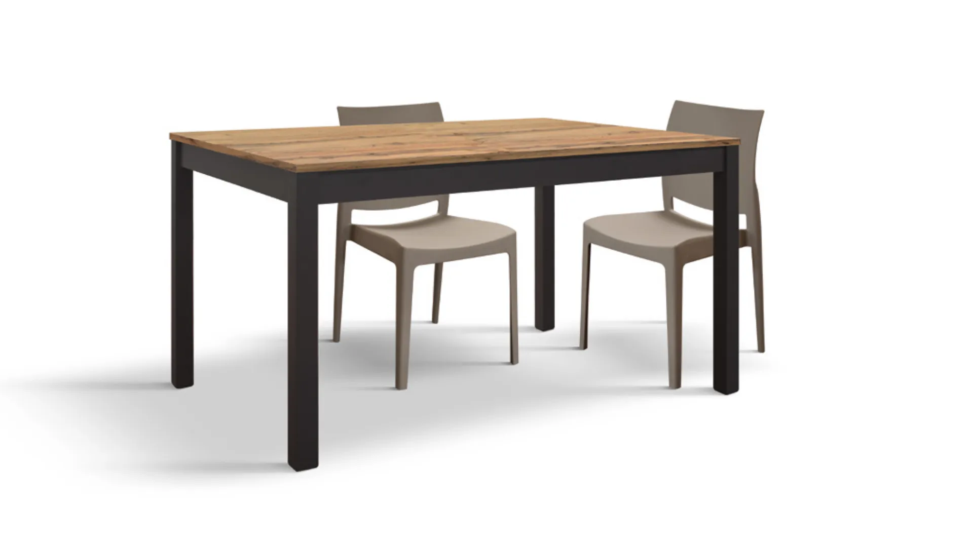 Extensible table with four metal legs, rustic oak top, and lateral extension.