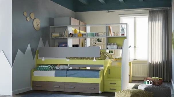 Colorful angular bedroom with loft beds